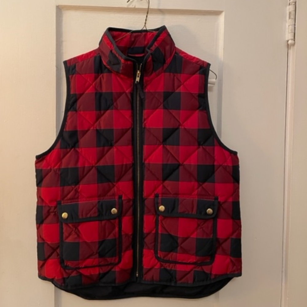 J Crew Red/Black Plaid Puffa Vest